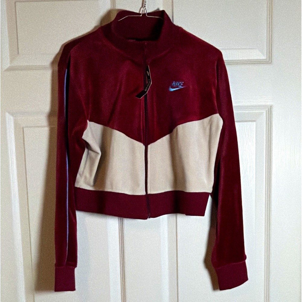 Nike Women's Velour Colorblock Zip Cropped Track Jacket Burgundy White M NWT